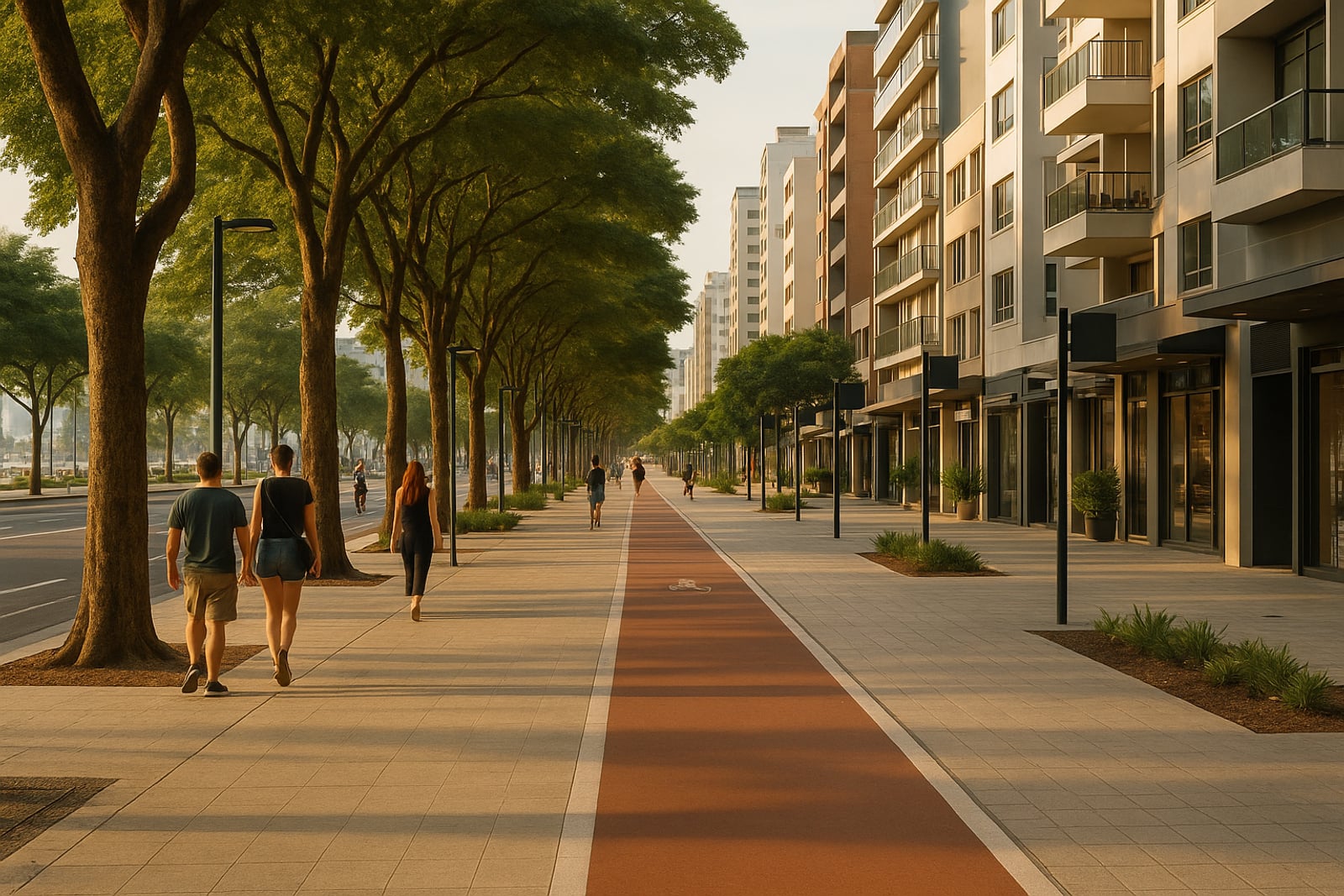 Ilustração de como uma avenida comercial requalificada pode ficar: bulevar arborizado, sem fiação aérea, com calçadas largas e ciclovia