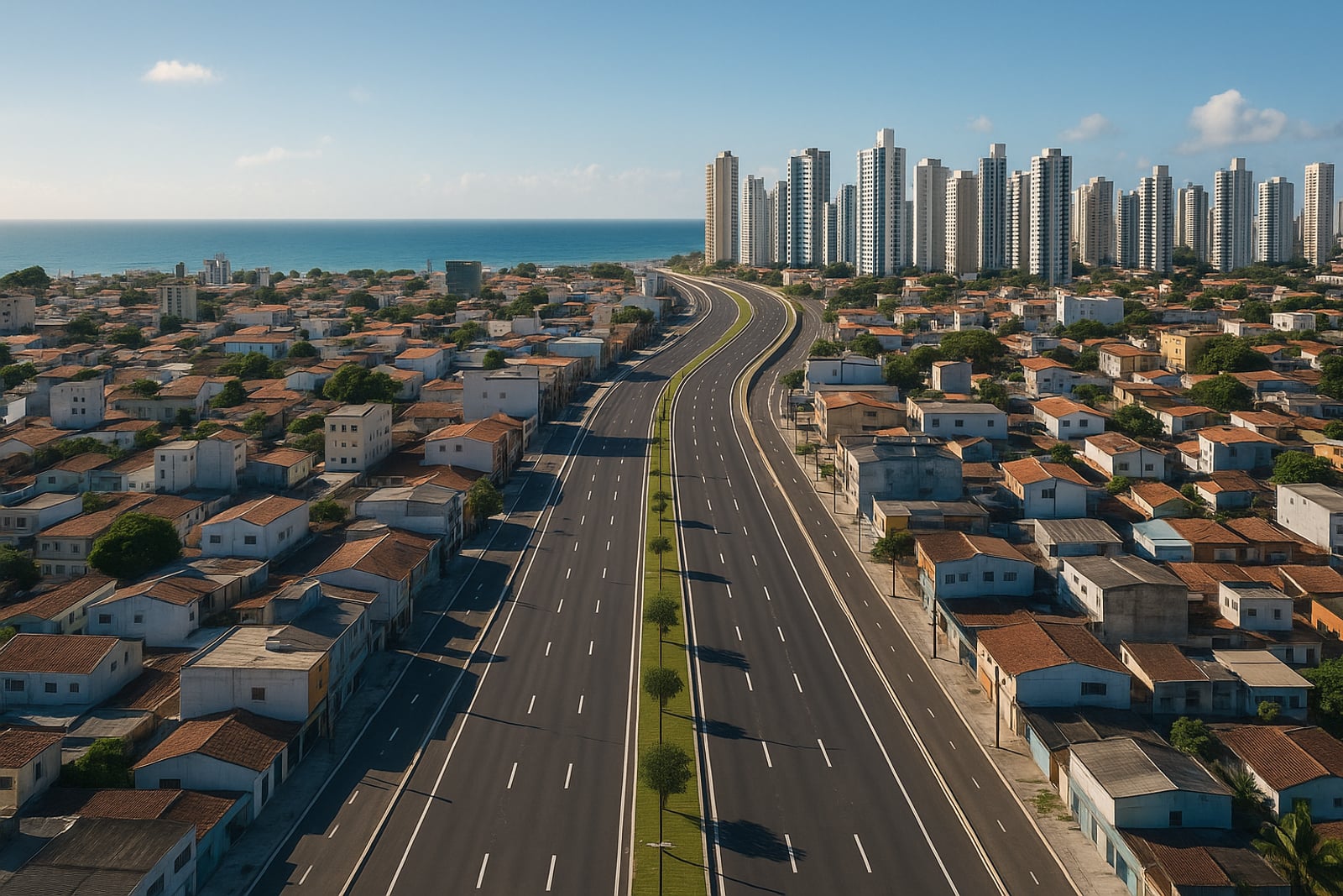 Avenida urbana larga e moderna, recém-pavimentada, cortando um bairro de Balneário Camboriú em direção às torres e ao mar ao fundo, sob luz clara da manhã
