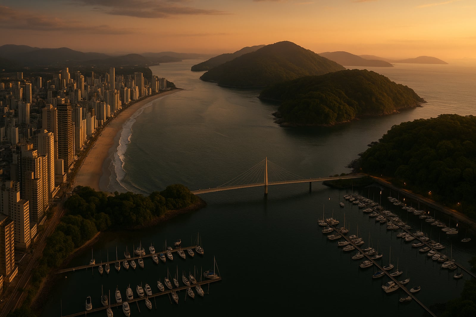 Vista aérea da Barra Sul de Balneário Camboriú ao entardecer, com a foz do Rio Camboriú, a marina e os morros da zona sul