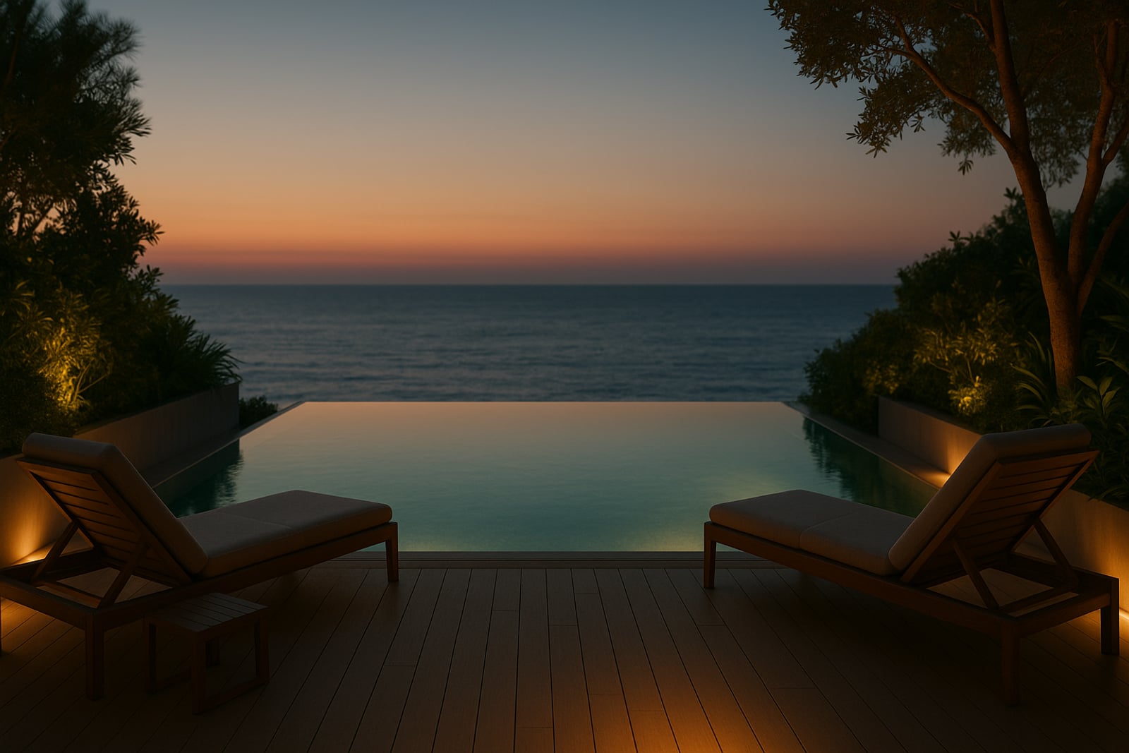 Piscina de borda infinita frente-mar em um deck de luxo ao entardecer, conceito de bem-estar