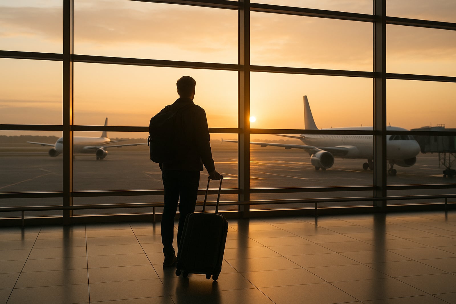 Passageiro com mala olhando o painel de embarque de um aeroporto ao amanhecer, com aviões ao fundo