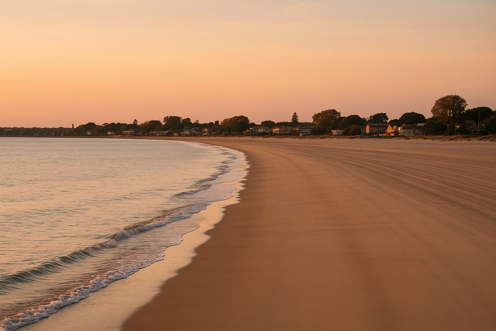 Praia larga e recém-ampliada em uma cidade litorânea ao entardecer, com faixa de areia extensa e a cidade ao fundo