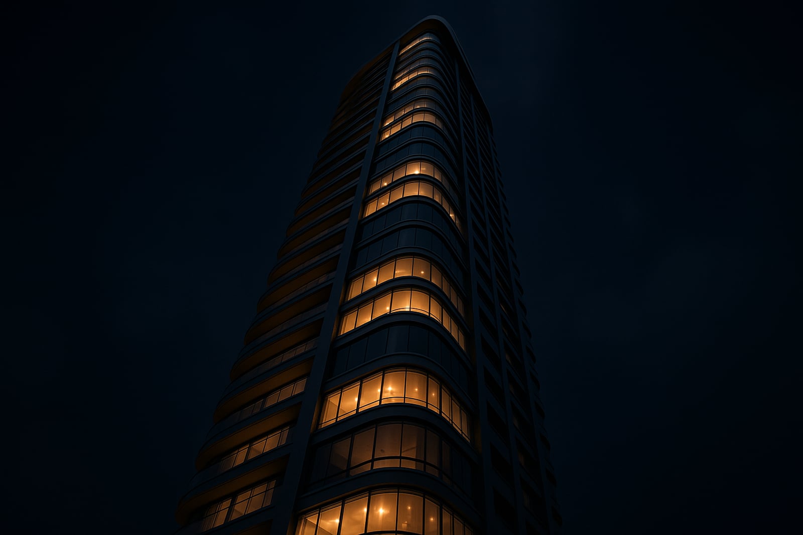 Torres residenciais de alto padrão iluminadas de frente para o mar ao entardecer, vistas da faixa de areia da praia