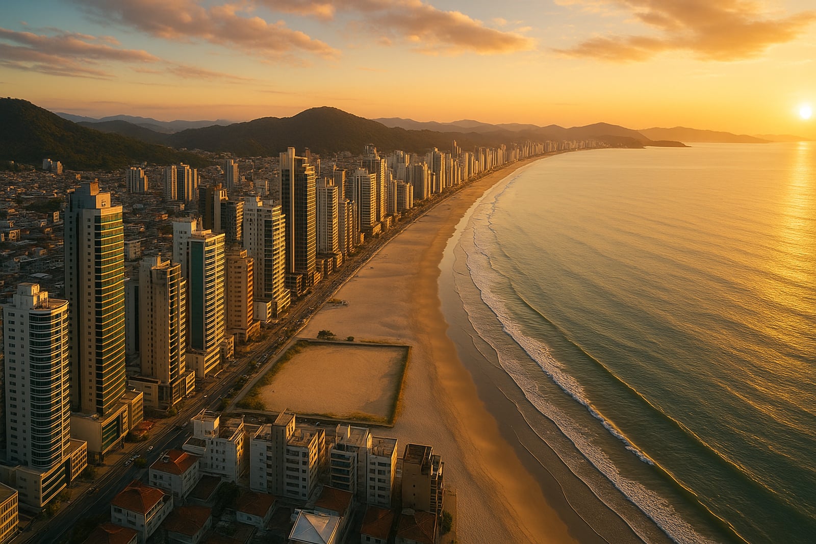 Vista aérea da Meia Praia, em Itapema (SC), com a faixa de areia e arranha-céus à beira-mar