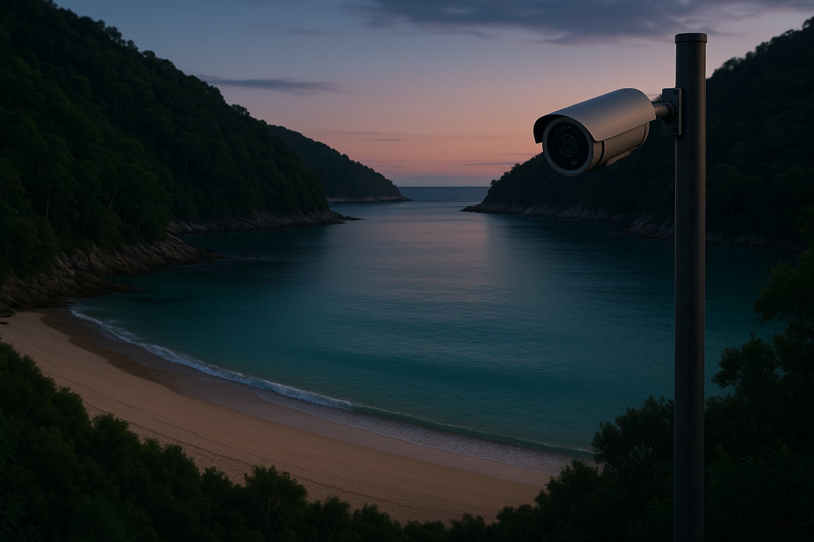 Praia preservada entre morros verdes ao entardecer, com uma câmera de segurança discreta em primeiro plano