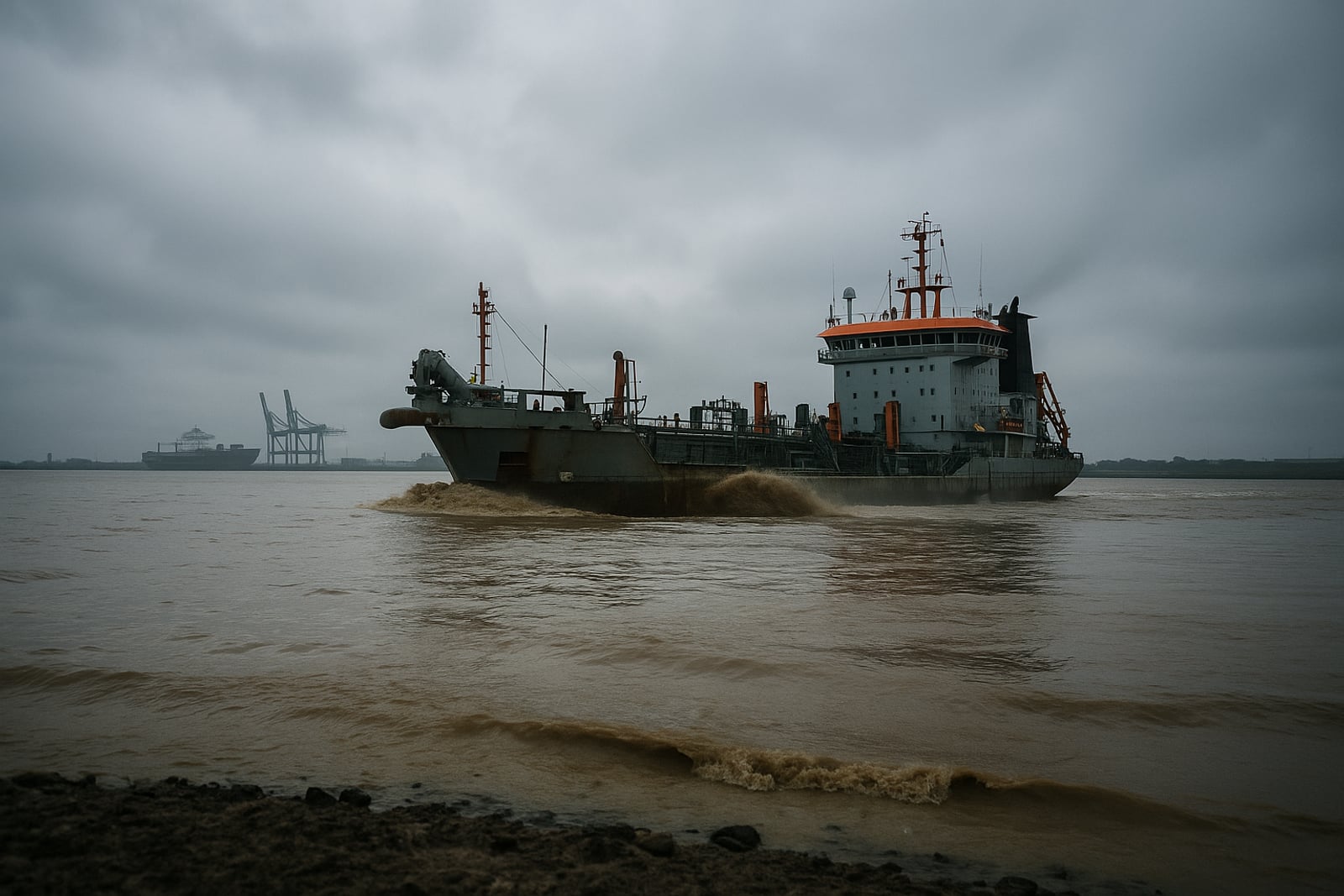 Draga de sucção operando na foz de um rio de água barrenta sob céu nublado, com guindastes de terminal de contêineres ao fundo