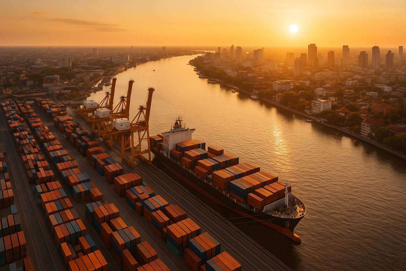 Vista do porto de Itajaí ao entardecer, com guindastes, navios, a marina e a cidade às margens do rio