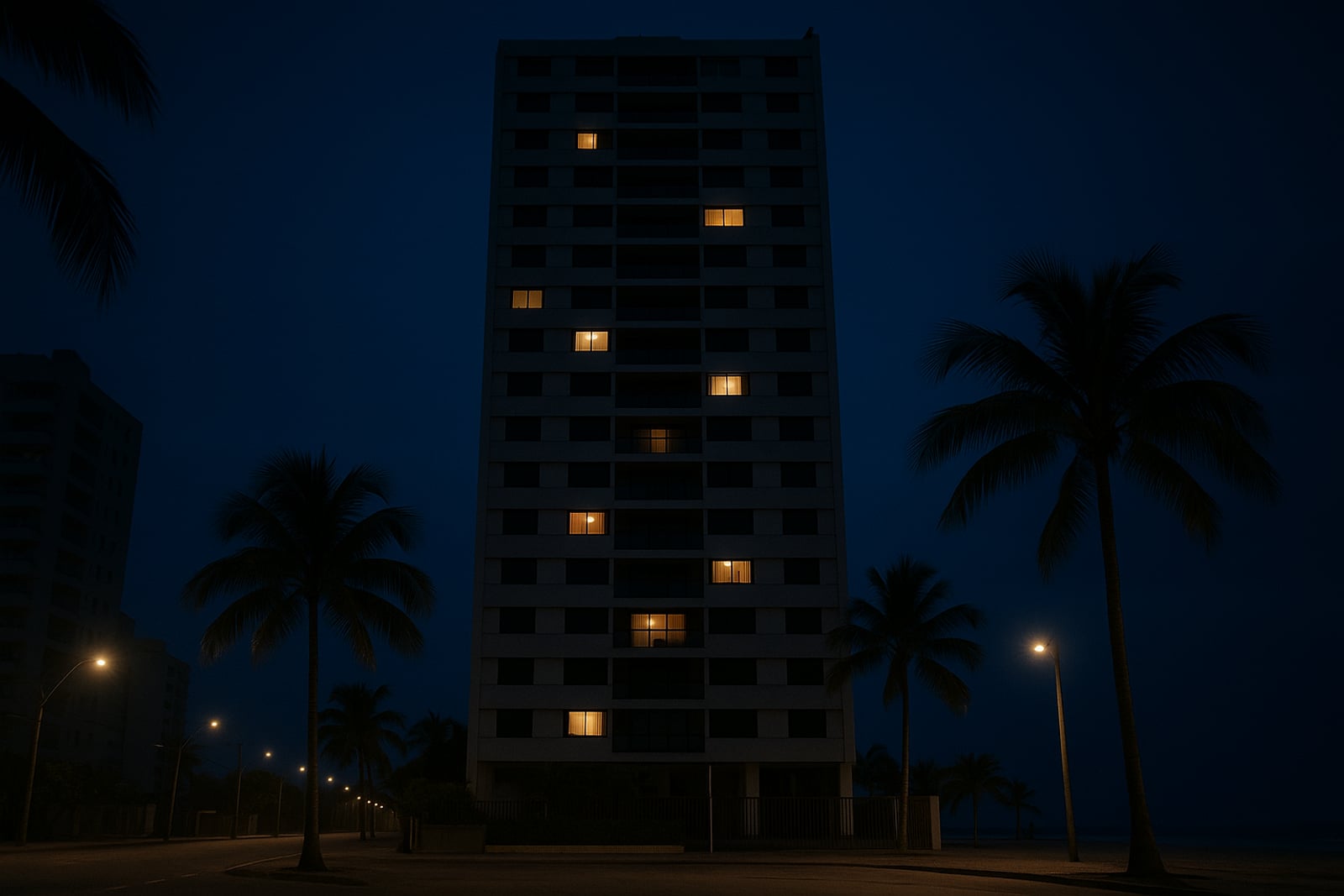 Fachada de um prédio residencial à noite, vista do nível da rua, com a maioria das janelas apagadas e apenas algumas iluminadas