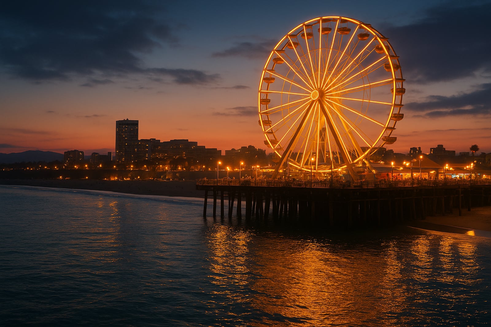 Roda-gigante iluminada sobre um píer à beira-mar ao entardecer, com a cidade e a praia ao fundo