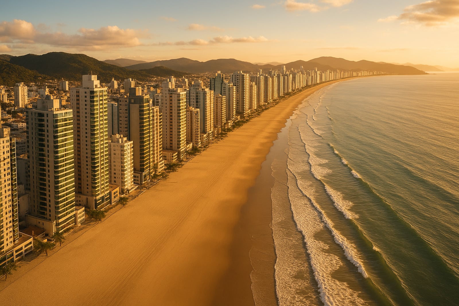 Faixa de areia larga na Meia Praia, em Itapema (SC), com arranha-céus à beira-mar ao pôr do sol