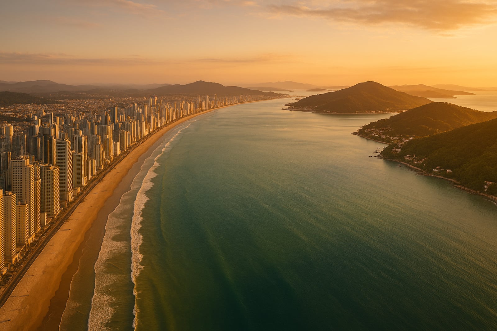 Vista aérea do litoral catarinense ao pôr do sol, com o paredão de torres de Itapema e a baía de Porto Belo ao fundo