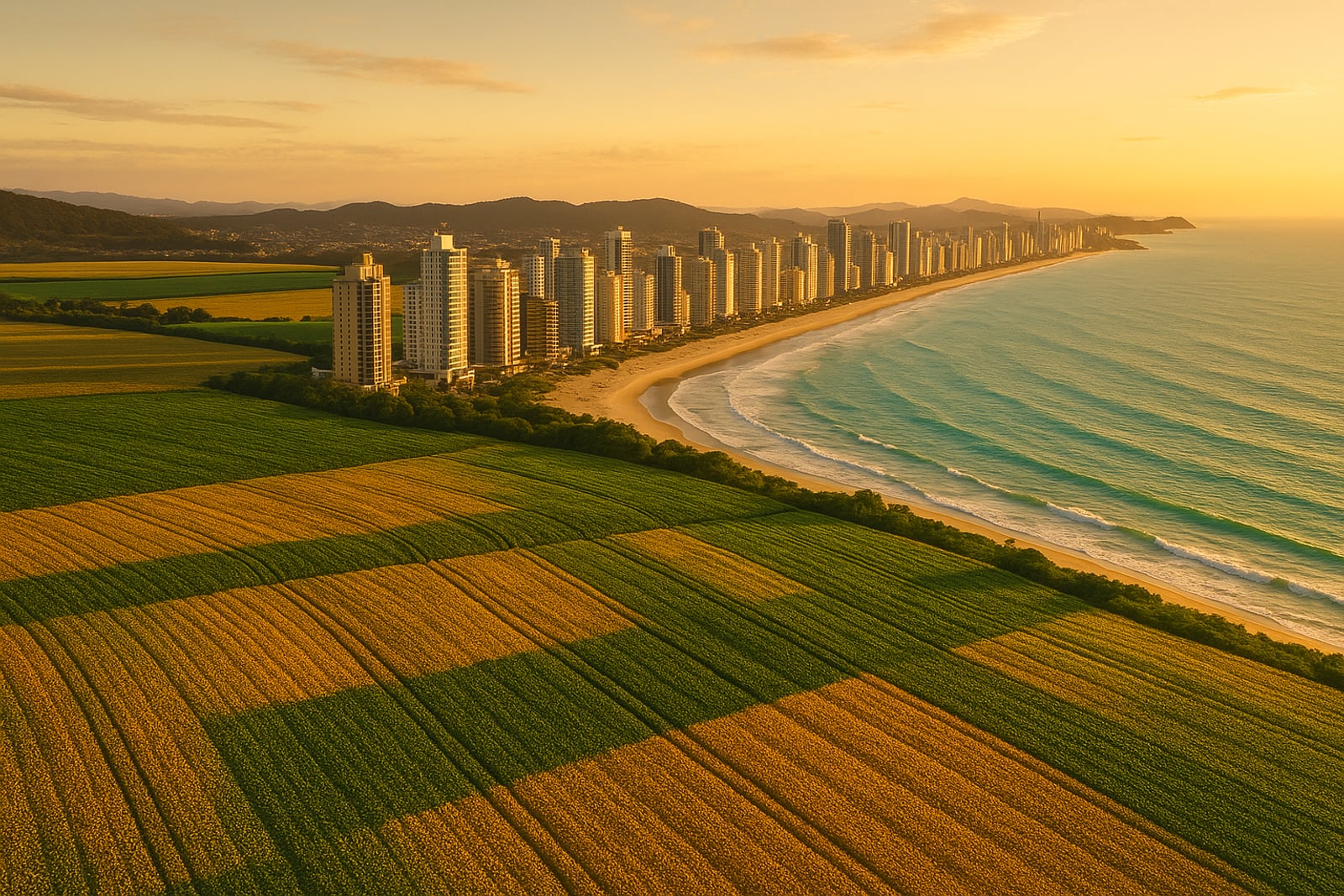 Vista aérea de campos de plantação que se transformam em uma cidade de arranha-céus à beira-mar ao pôr do sol