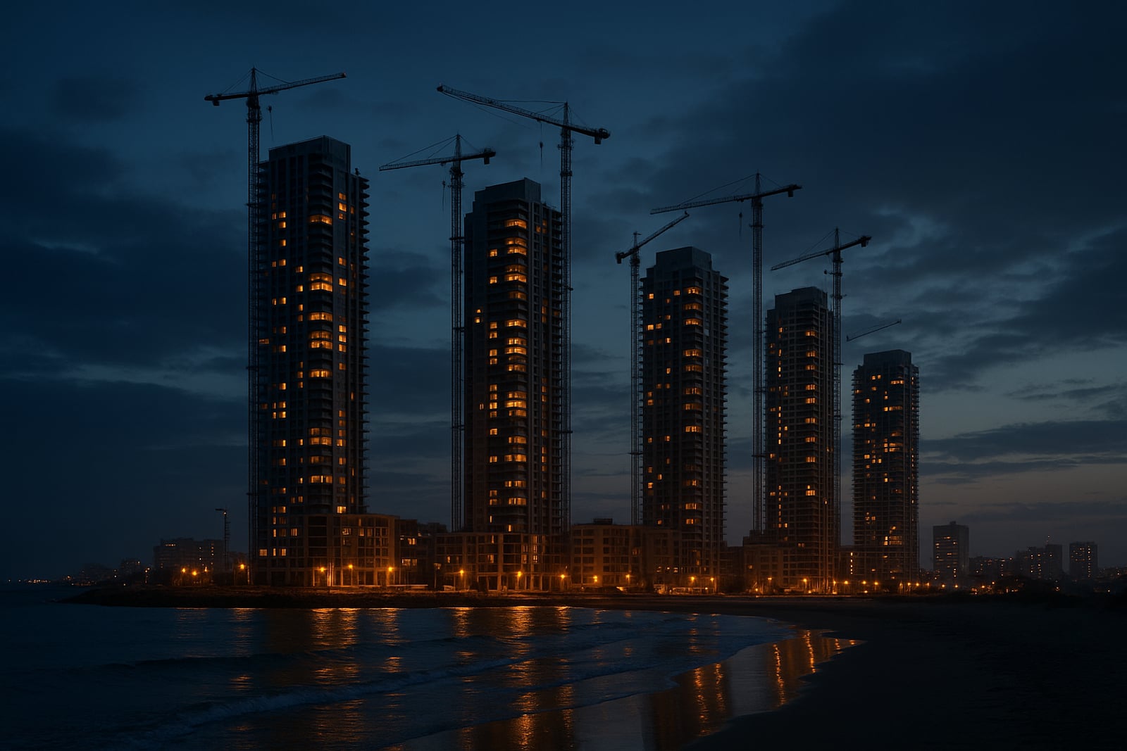 Cluster de arranha-céus modernos com guindastes de construção à beira-mar, no litoral de Santa Catarina, ao entardecer