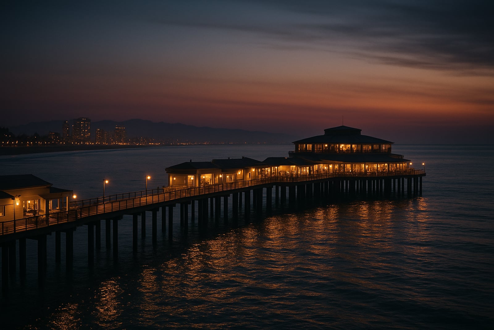 Píer turístico moderno avançando sobre o mar ao entardecer, com estruturas de lazer e restaurantes