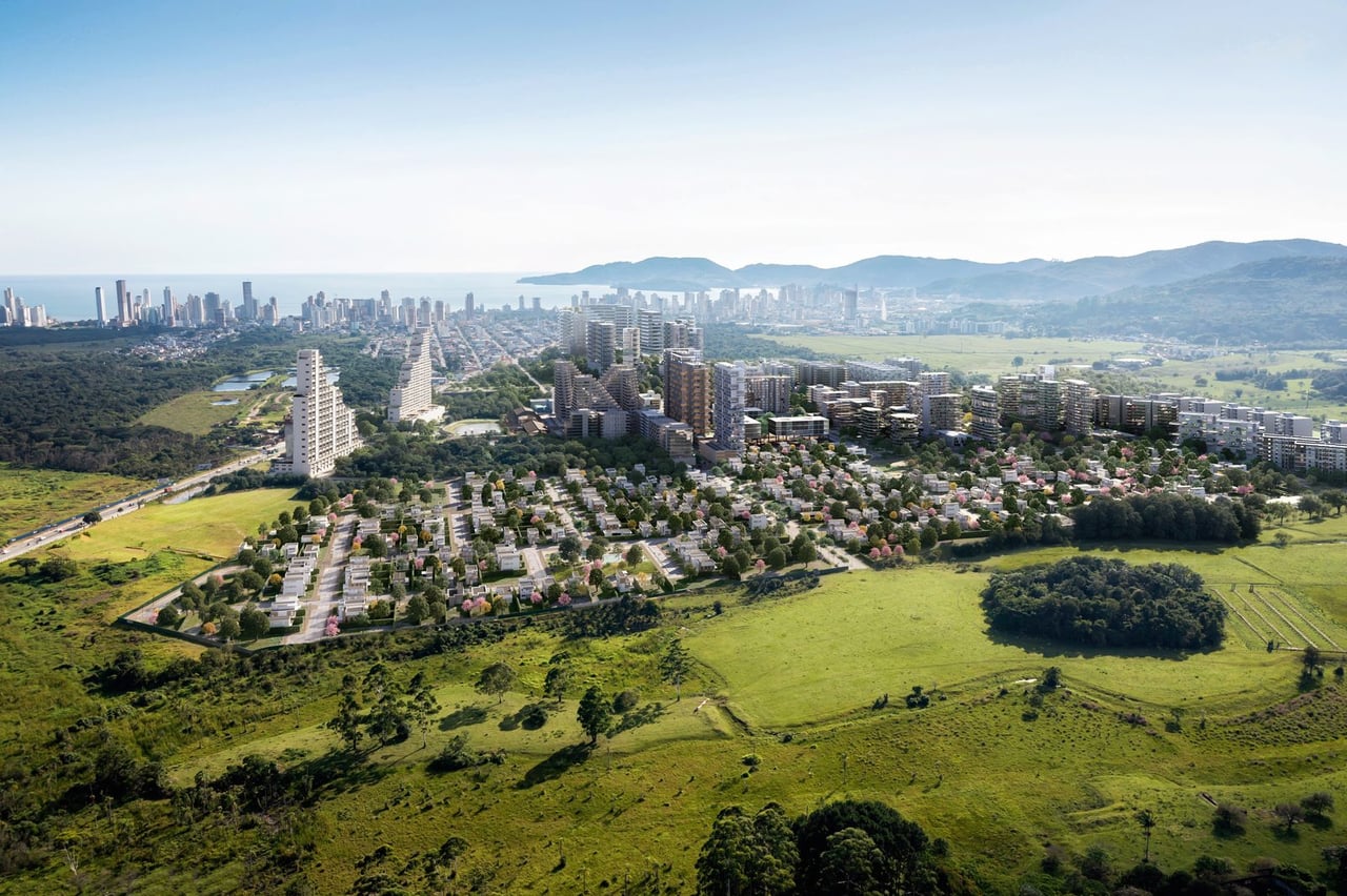 Render aéreo de um bairro planejado em Porto Belo, mostrando a cidade que está sendo construída
