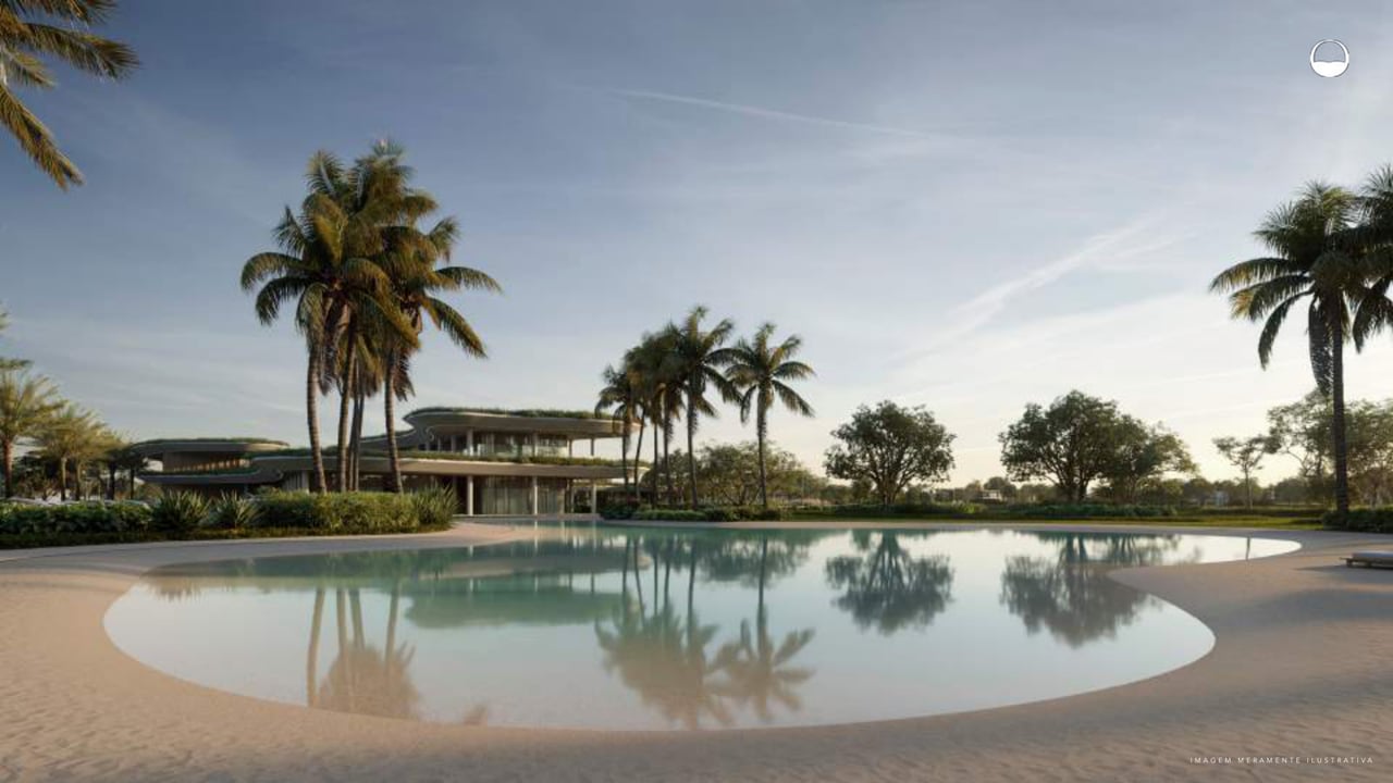 Render do Genesis Pool, área de lazer do Porto Belo Lagos, com piscina e paisagismo