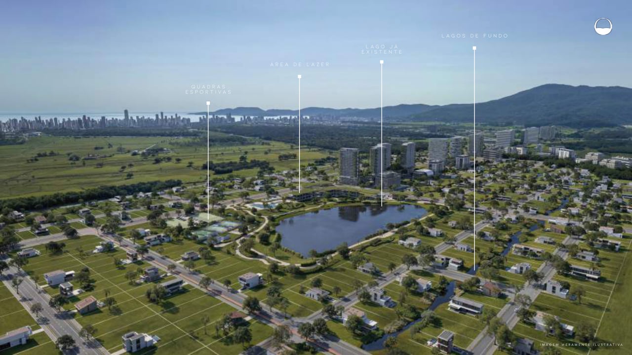 Render aéreo do Porto Belo Lagos com o lago existente e as quadras esportivas