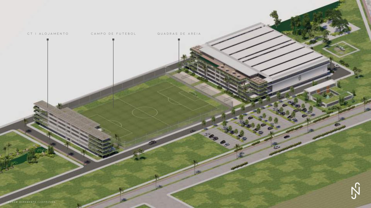 Render do complexo esportivo do Ecossistema Neymar Jr., com campo de futebol e arena