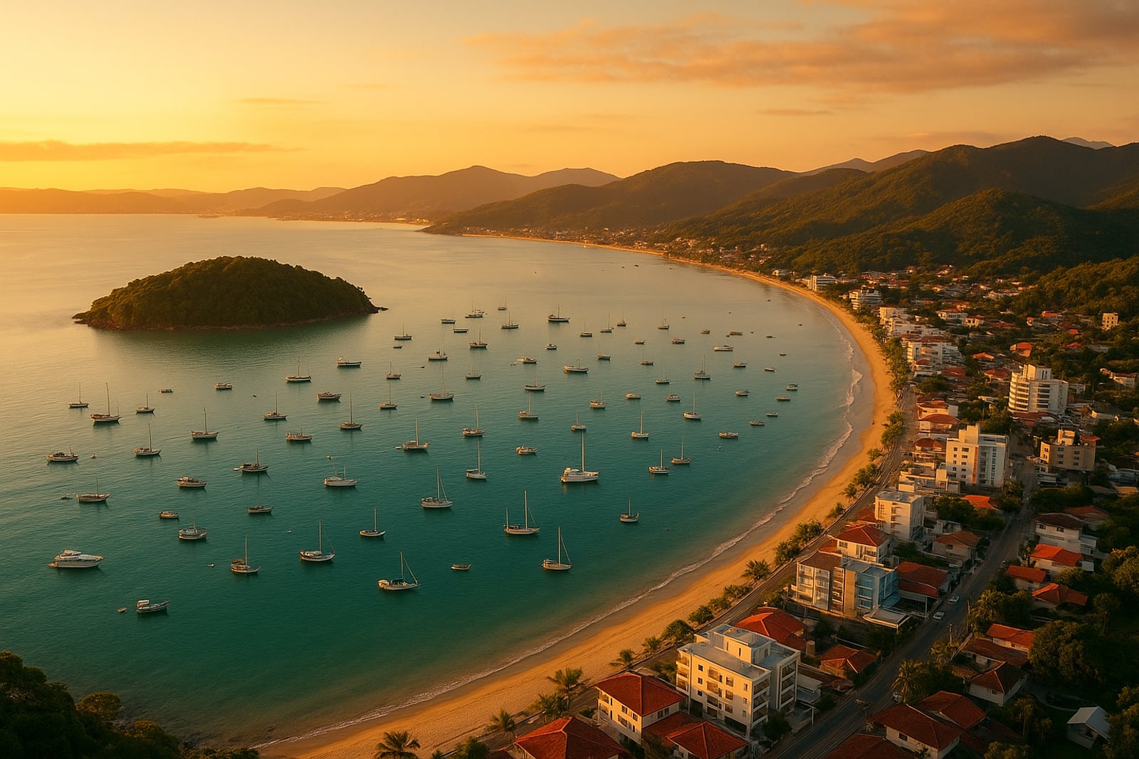 Vista aérea da baía de Porto Belo, Santa Catarina, com a ilha, os morros e a orla ao pôr do sol