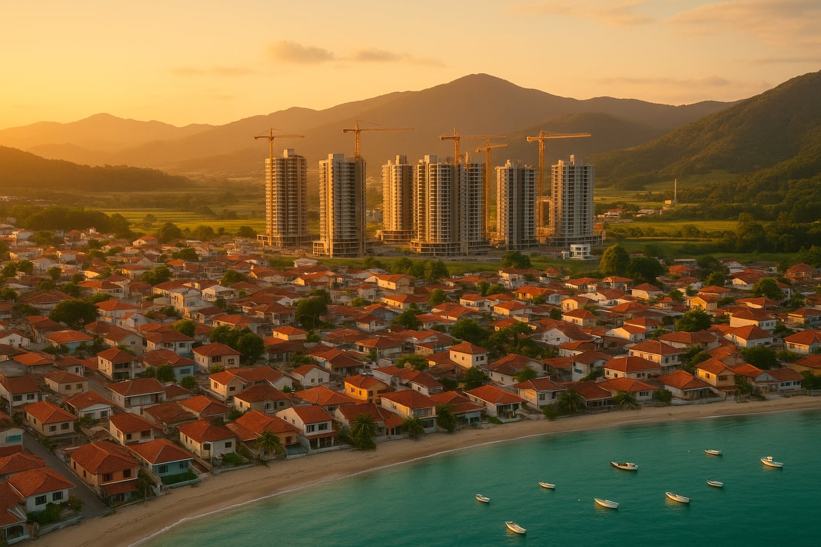 Vista aérea de Porto Belo (SC) ao pôr do sol: casas de praia à beira da baía e torres em construção ao fundo