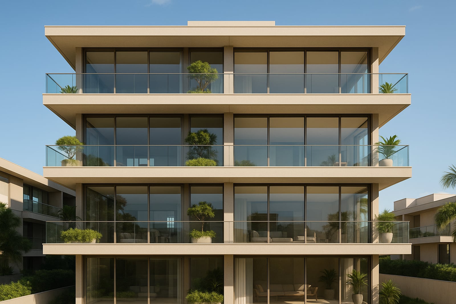 Fachada de um edifício residencial moderno de alto padrão sob céu azul, no litoral de Santa Catarina