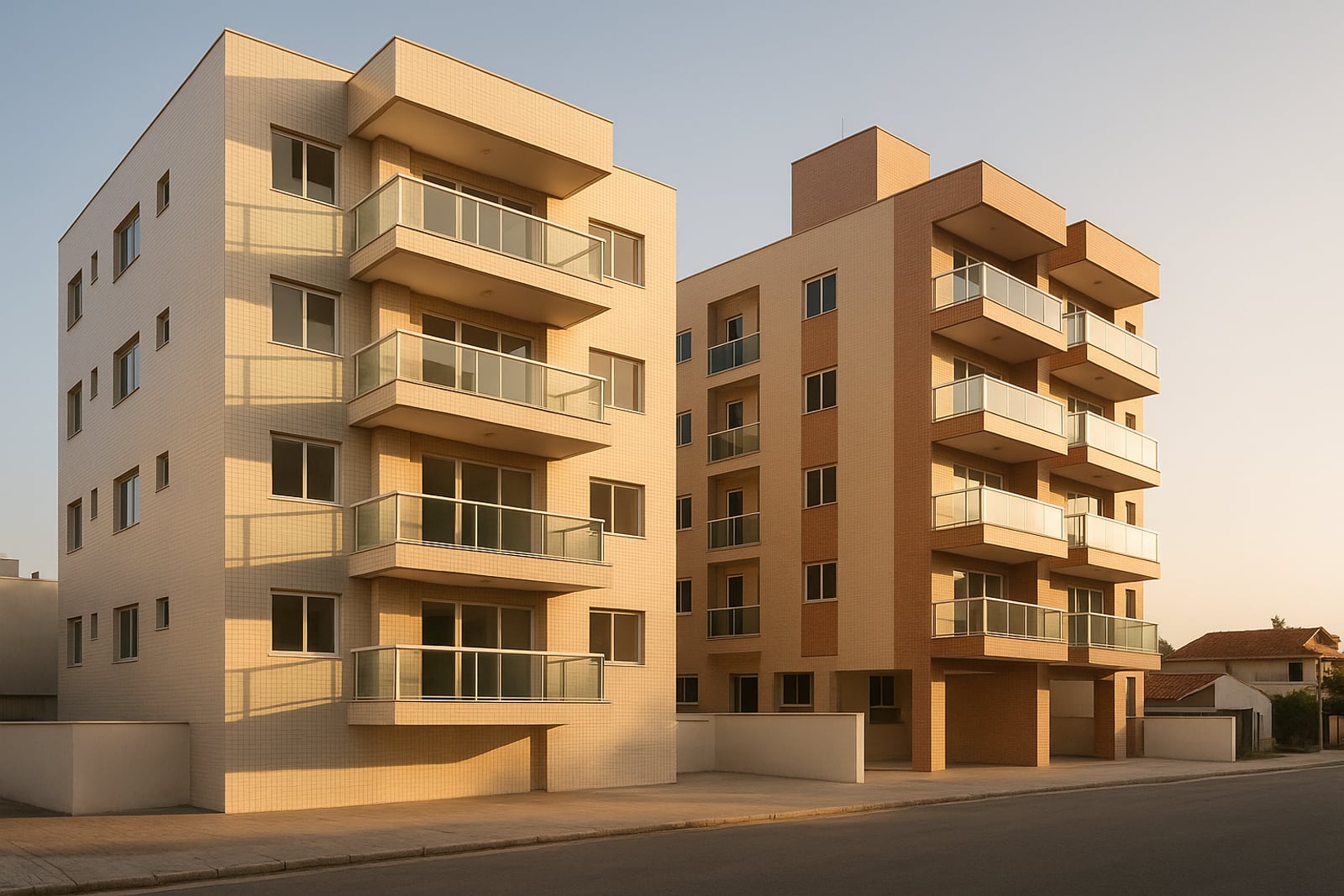 Dois prédios residenciais recém-construídos lado a lado, vistos do nível da rua ao fim da tarde, com sacadas de vidro e a calçada vazia em primeiro plano