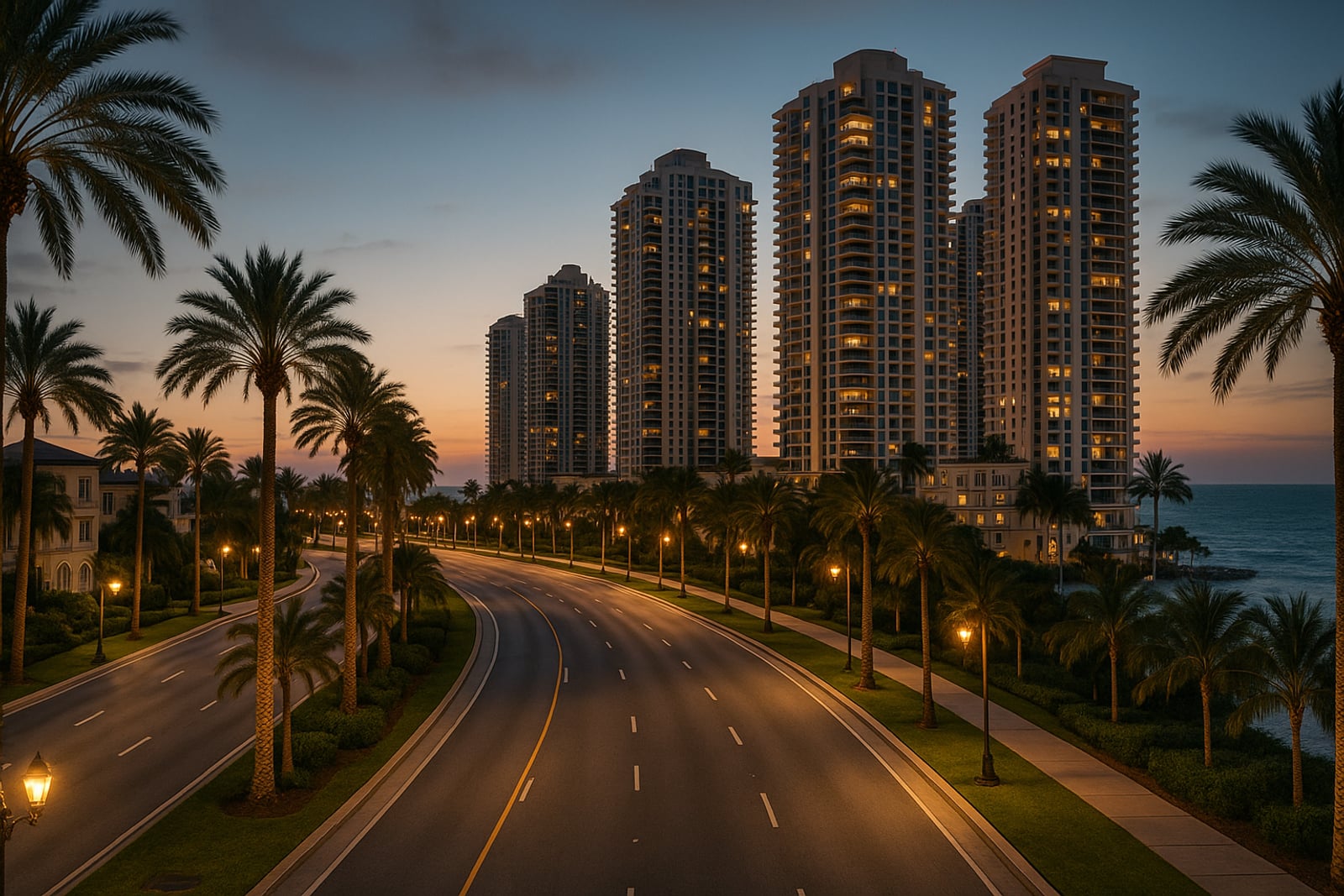 Avenida arborizada levando a torres de luxo à beira-mar na Praia Brava, em Itajaí, ao entardecer