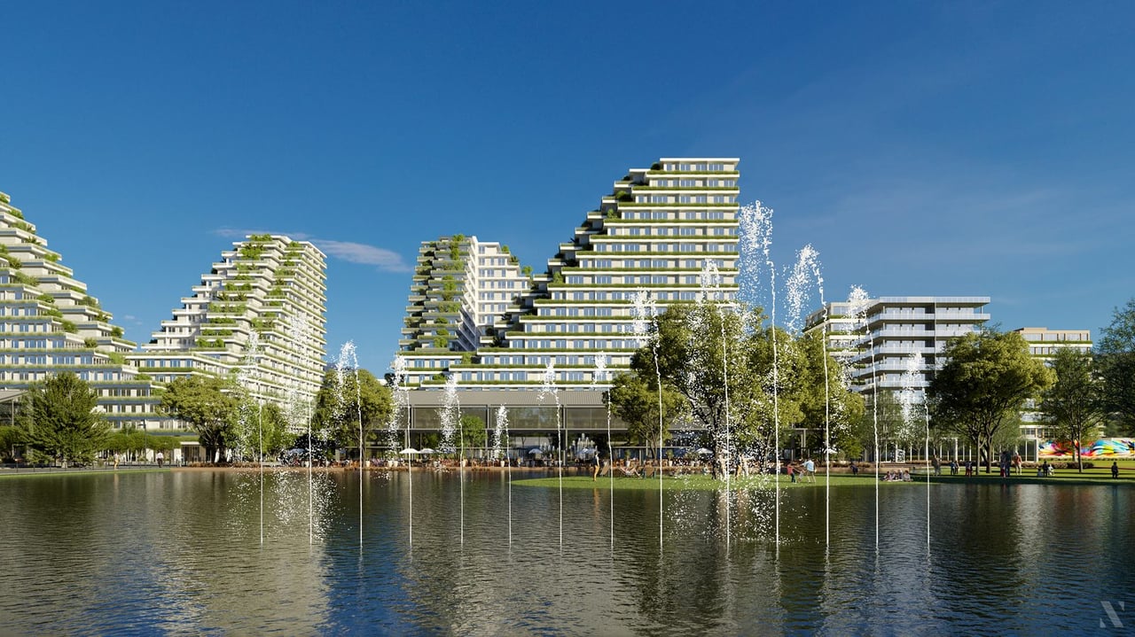 Render das torres do VivaPark ao redor do lago, com fontes e área de convívio